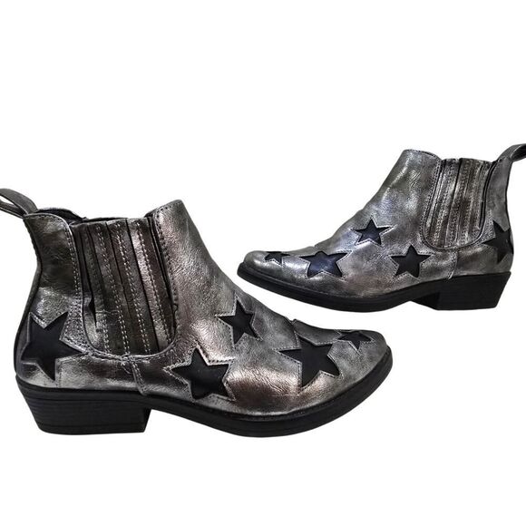 Seven7 Rock Star Bootie Pewter/Black Cutout Stars Faux Leather Metallic Size 7 - Picture 1 of 7
